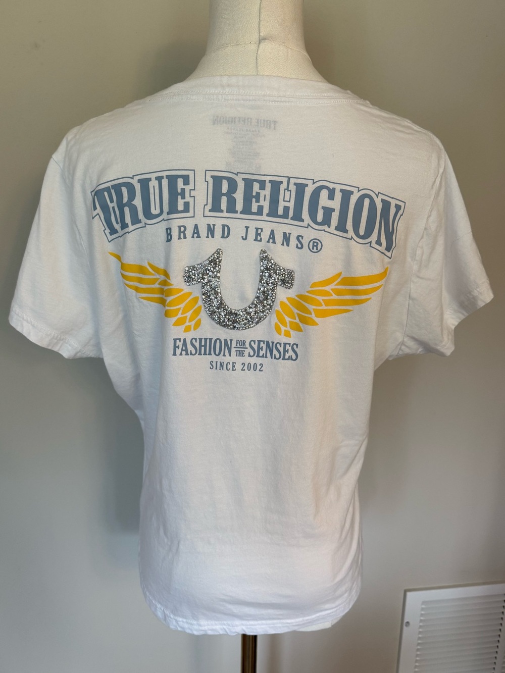 True Religion White Rhinestone Horseshoe Graphic V-Neck Tee XL Y2K Logo Shirt